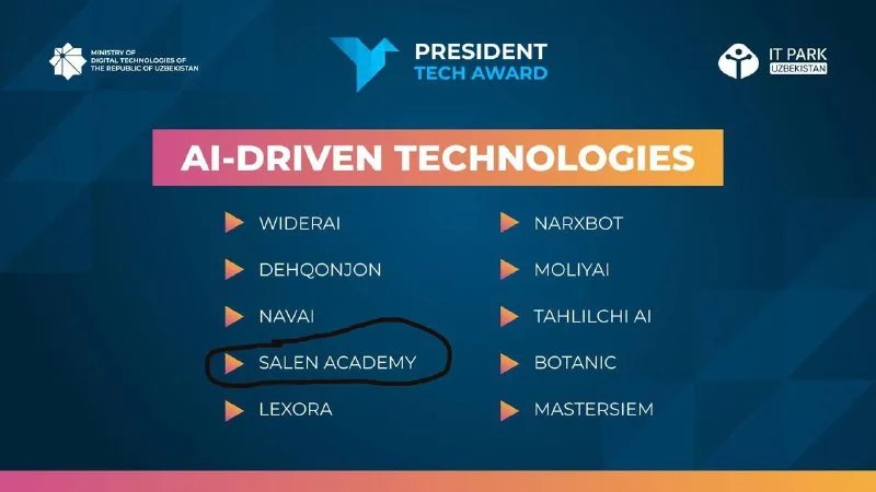 President Tech Award finalist announcement listing Salen Academy